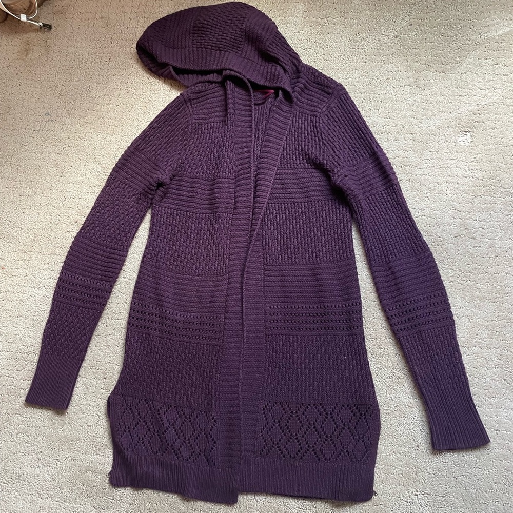 Purple crochet cardigan with hood
